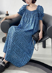 Italian Blue Print Square Collar Puff Sleeve Cotton Mid Dress - bagstylebliss