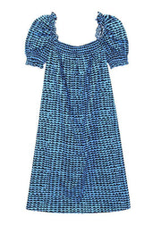 Italian Blue Print Square Collar Puff Sleeve Cotton Mid Dress - bagstylebliss