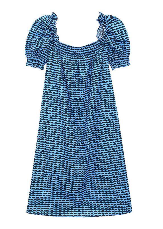 Italian Blue Print Square Collar Puff Sleeve Cotton Mid Dress - bagstylebliss