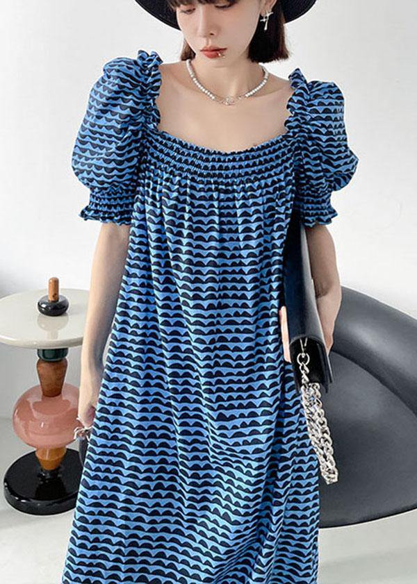 Italian Blue Print Square Collar Puff Sleeve Cotton Mid Dress - bagstylebliss