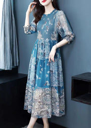 Italian Blue Print Wrinkled Patchwork Silk Long Dress Fall