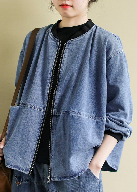 Italian Blue Zip Up Pockets Patchwork Denim Coats Fall