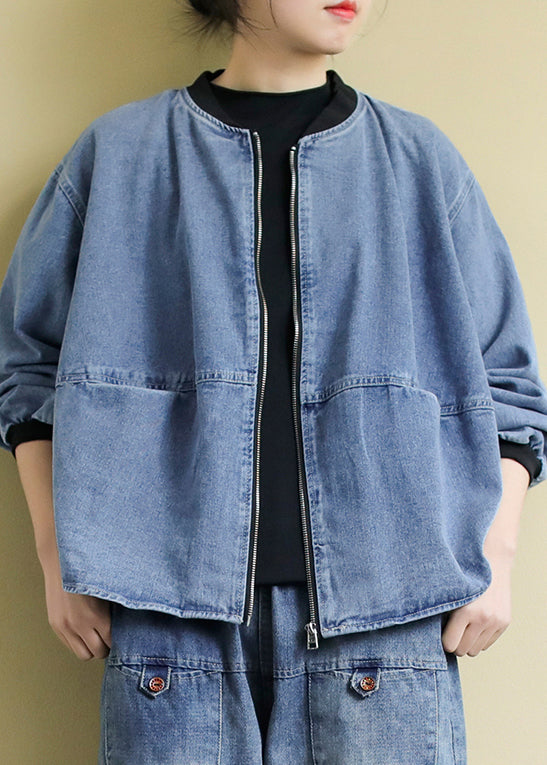 Italian Blue Zip Up Pockets Patchwork Denim Coats Fall