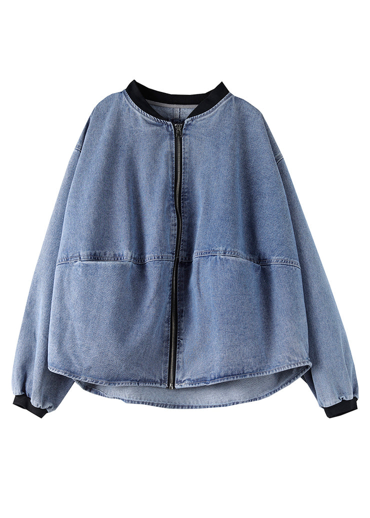 Italian Blue Zip Up Pockets Patchwork Denim Coats Fall