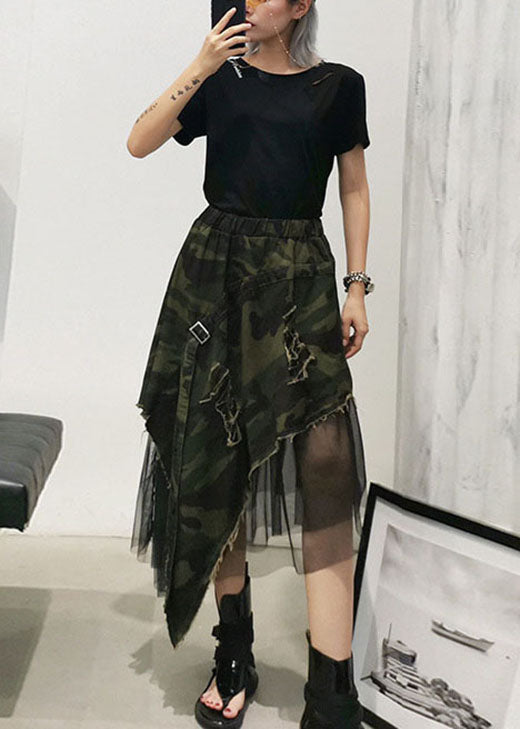 Italienische Camouflage High Waist Denim Patchwork Tüll asymmetrisches Design Herbströcke