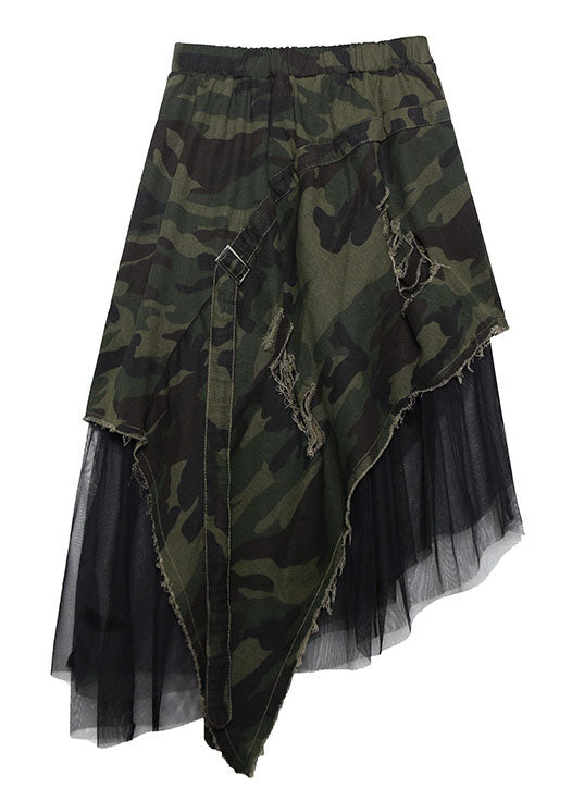 Italienische Camouflage High Waist Denim Patchwork Tüll asymmetrisches Design Herbströcke