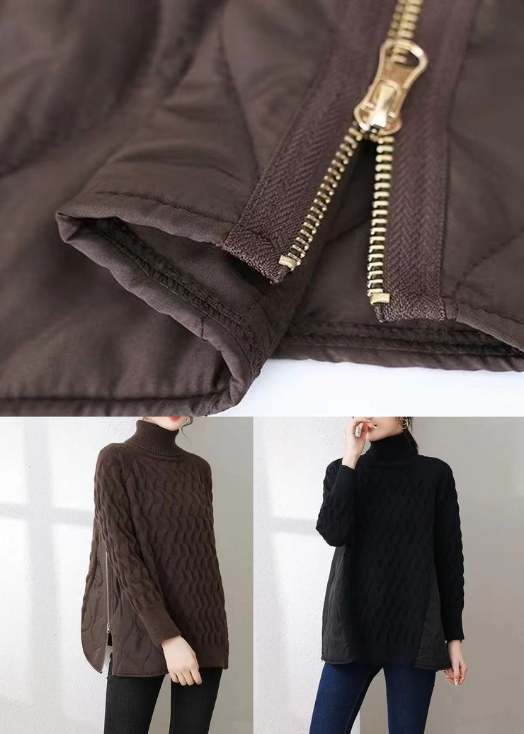 Italian Coffee Hign Neck Zippered Patchwork Knit Sweater Winter