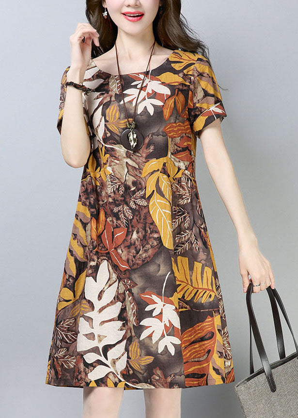 Italian Chocolate O-Neck Leaf Print Cotton Party Dress Short Sleeve