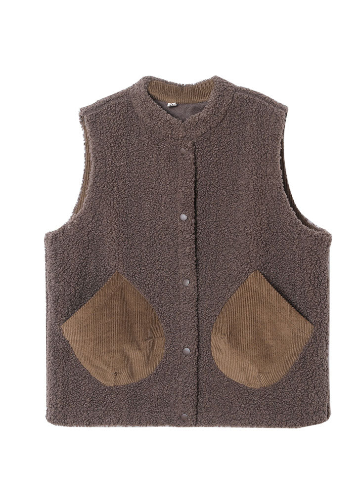 Italian Chocolate Pockets Patchwork Faux Fur Sleeveless Vest