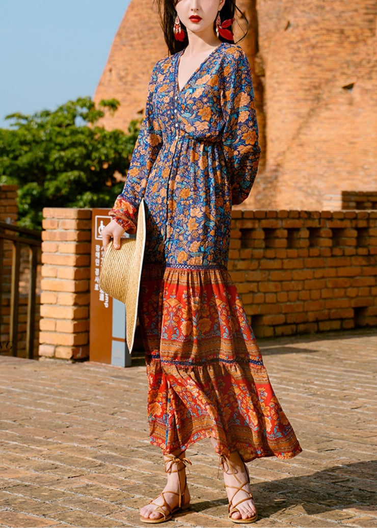 Italian Colorblock Ruffled Print Patchwork Cotton Shirts Long Dress Fall