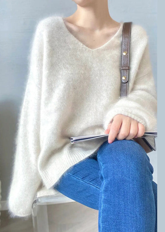 Italian Cozy White V Neck Ma Hai Mao Knit Sweaters Spring