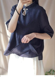 Italian Dark Blue Clothes For Women Stand Collar Half Sleeve Cotton Top - bagstylebliss