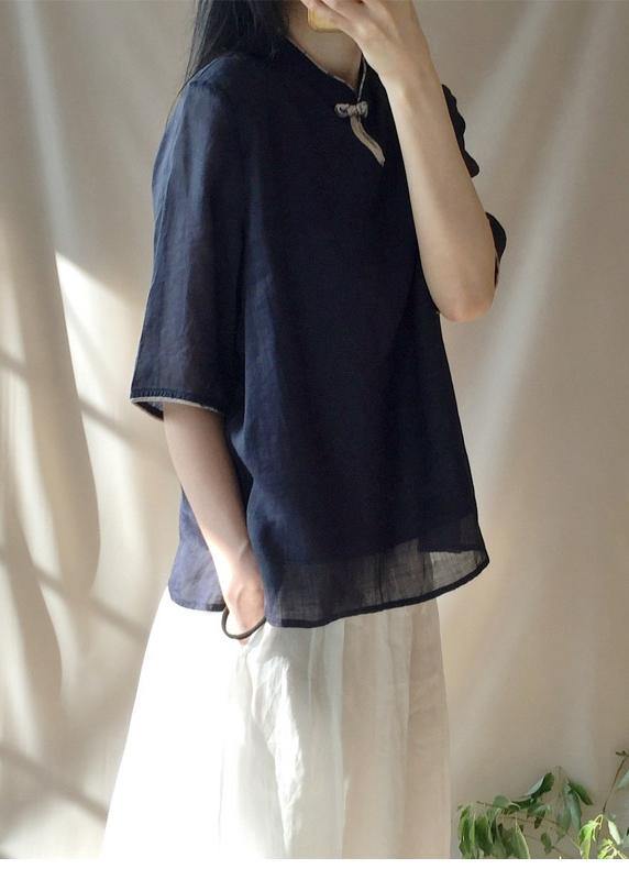 Italian Dark Blue Clothes For Women Stand Collar Half Sleeve Cotton Top - bagstylebliss