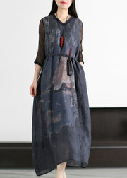 Italian Dark Blue V Neck Tie Waist Patchwork Linen Long Dresses Half Sleeve