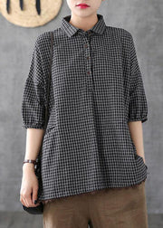 Italian Dark Grey Linen Plaid Summer Patchwork Half Sleeve - bagstylebliss