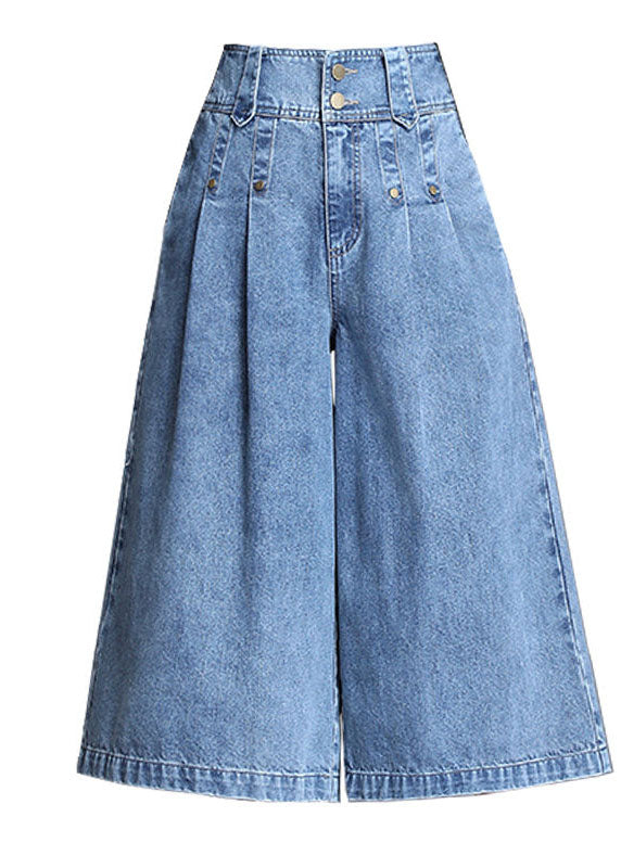 Italian Denim Blue High Waist Wrinkled Pockets Cotton Crop Straight Pants Summer