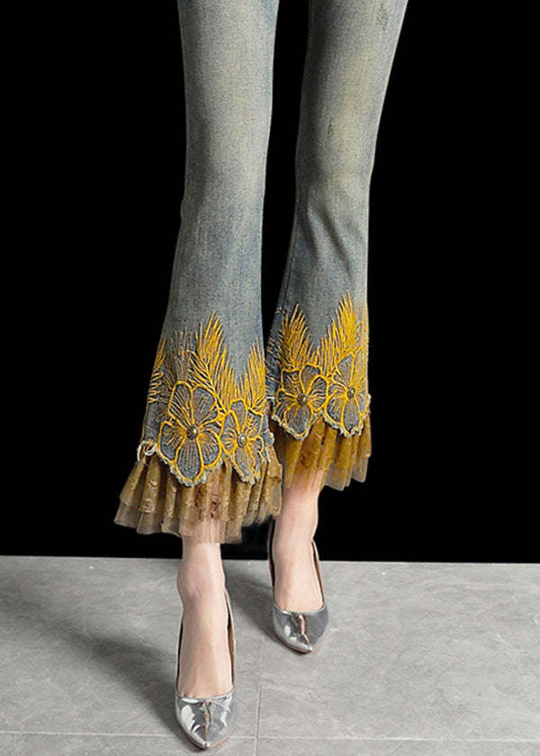 Italian Denim Blue Wraped High Waist Embroideried Pockets Patchwork Tulle Cotton Flare Pants Summer