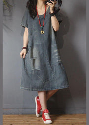 Italian Denim Hole Cotton asymmetrical design Summer Long Dress - bagstylebliss