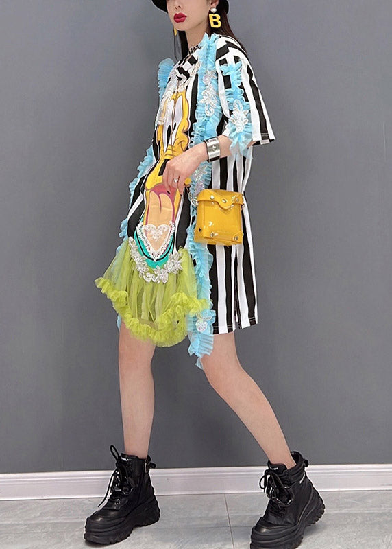 Italian Embroideried Ruffled Cartoon Striped Tulle Patchwork Tops Short Sleeve