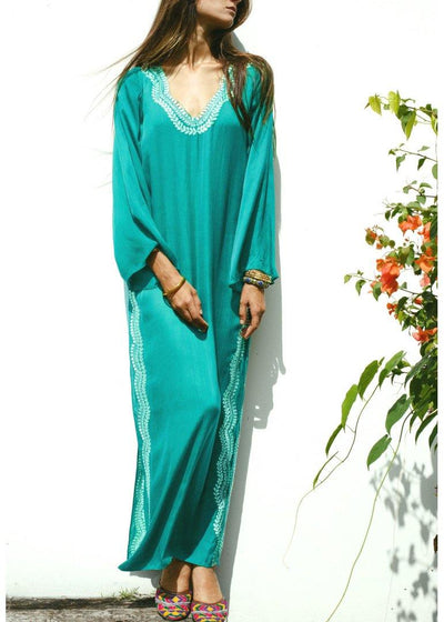 Italian Green Embroideried Long sleeve Cotton Dress Beach Gown Summer - bagstylebliss