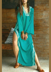 Italian Green Embroideried Long sleeve Cotton Dress Beach Gown Summer - bagstylebliss