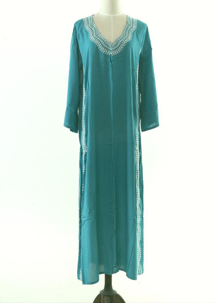 Italian Green Embroideried Long sleeve Cotton Dress Beach Gown Summer - bagstylebliss