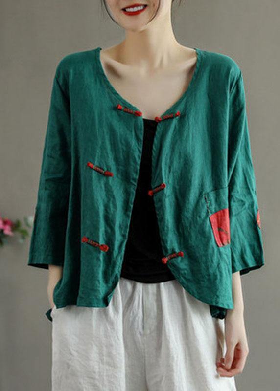 Italian Green Patchwork Pockets Oriental Linen Shirt Top Summer - bagstylebliss