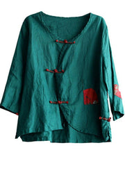 Italian Green Patchwork Pockets Oriental Linen Shirt Top Summer - bagstylebliss