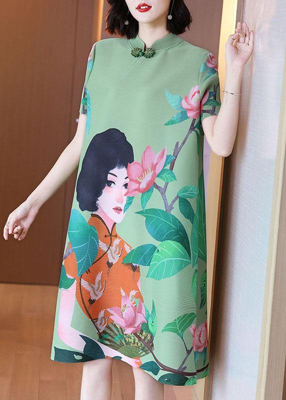 Italian Green Print Oriental Half Sleeve Party Dress Summer - bagstylebliss