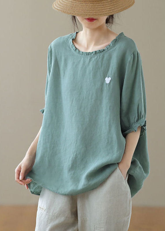 Italian Green Ruffled Print Loose Fall Tee Half Sleeve