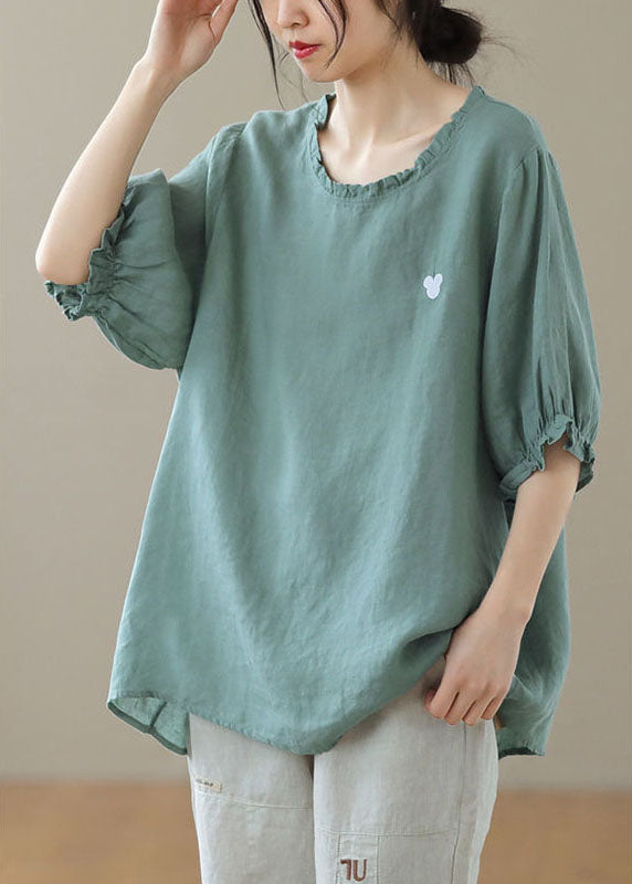 Italian Green Ruffled Print Loose Fall Tee Half Sleeve