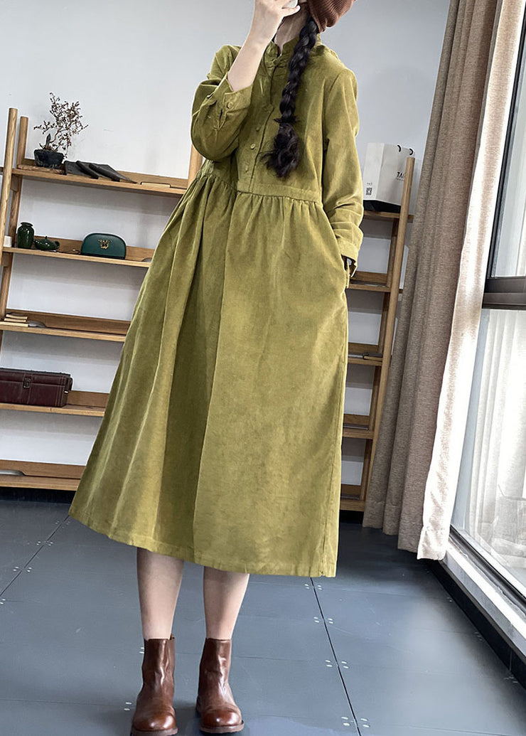 Italian Green Stand Collar Patchwork Corduroy Dress Winter