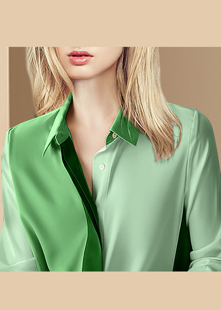 Italian Green button Peter Pan Collar Patchwork Blouse Top Long Sleeve