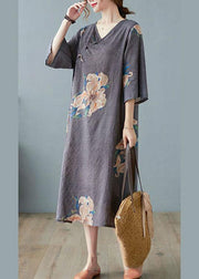 Italian Grey Asymmetrical Design Button Summer A Line Half Sleeve Vacation Dresses - bagstylebliss