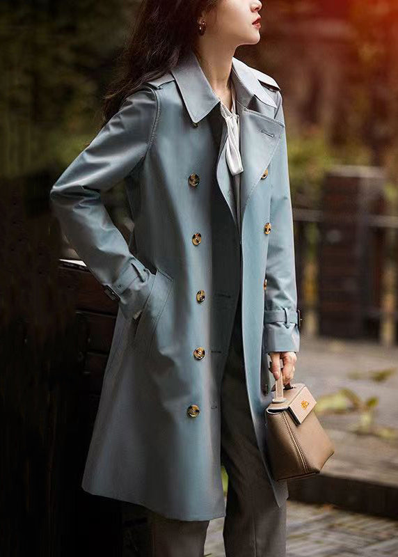 Italian Grey Blue Button Tie Waist Pockets Cotton Trench Coat Fall