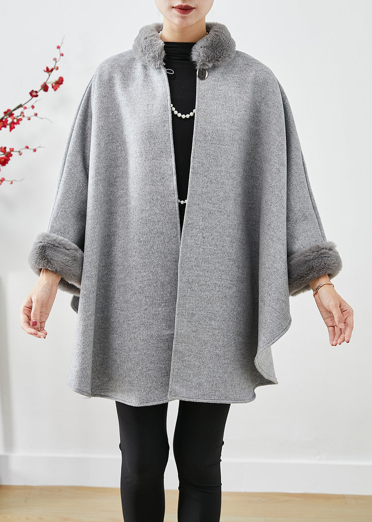 Italian Grey Fur Collar Oversized Woolen Coats Batwing Sleeve