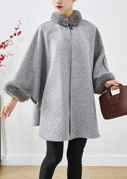 Italian Grey Fur Collar Oversized Woolen Coats Batwing Sleeve