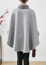 Italian Grey Fur Collar Oversized Woolen Coats Batwing Sleeve