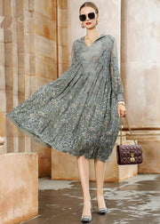 Italian Grey Hooded Embroidered Patchwork Tulle Dresses Spring