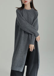 Italian Grey O Neck Side Open Patchwork Knit Dresses Winter