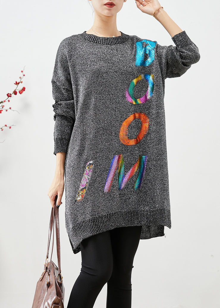 Italian Grey Oversized Letter Print Knit Sweater Dress Fall