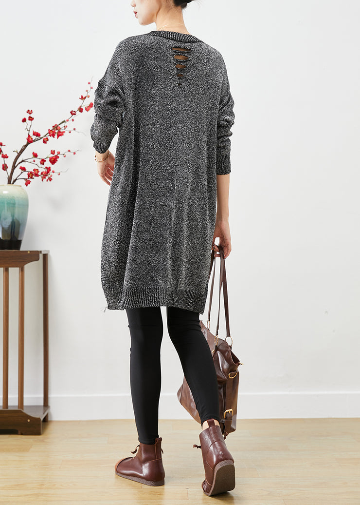 Italian Grey Oversized Letter Print Knit Sweater Dress Fall