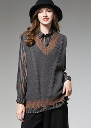 Italian Grey Patchwork V Neck Knit Fall Vest