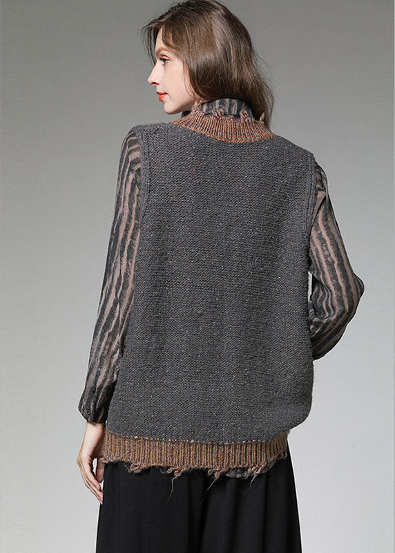 Italian Grey Patchwork V Neck Knit Fall Vest