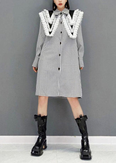 Italian Grey Plaid PeterPan Collar Button Dresses Fall Long Sleeve - bagstylebliss