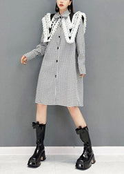 Italian Grey Plaid PeterPan Collar Button Dresses Fall Long Sleeve - bagstylebliss