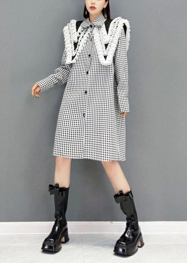 Italian Grey Plaid PeterPan Collar Button Dresses Fall Long Sleeve - bagstylebliss