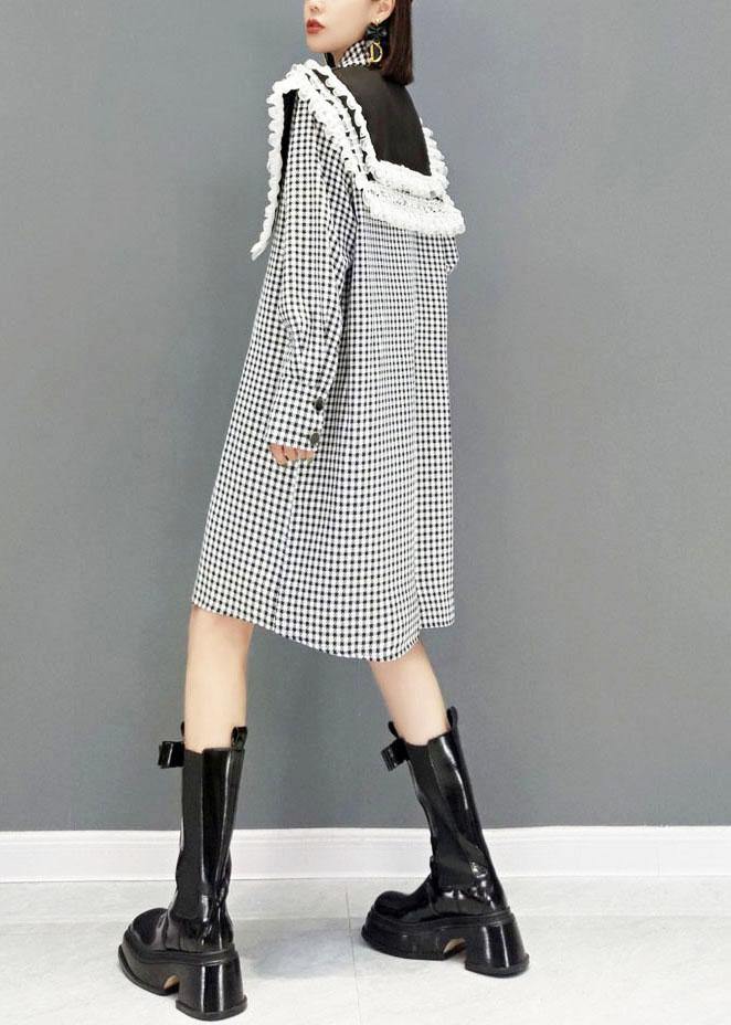 Italian Grey Plaid PeterPan Collar Button Dresses Fall Long Sleeve - bagstylebliss