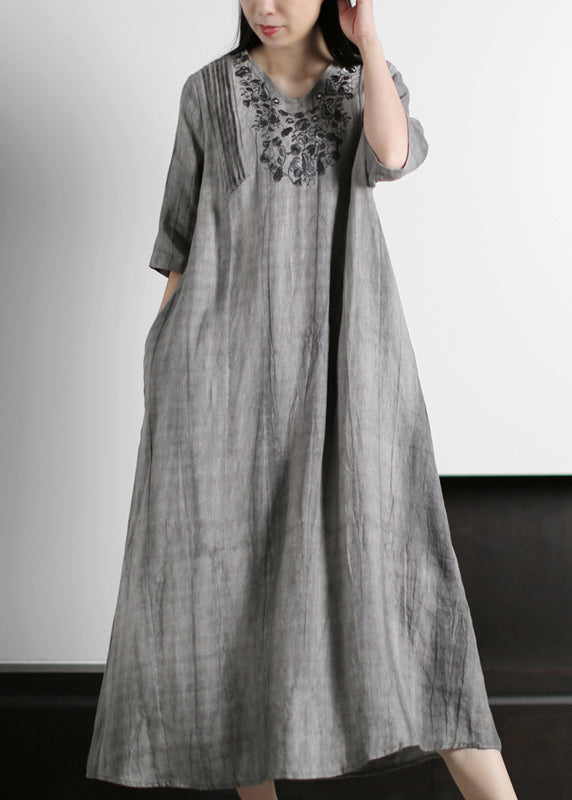 Italian Grey V Neck Embroideried Wrinkled Linen Long Dresses Half Sleeve