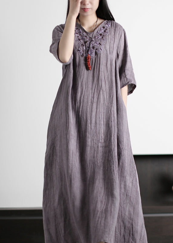 Italian Grey V Neck Embroideried Wrinkled Linen Long Dresses Half Sleeve